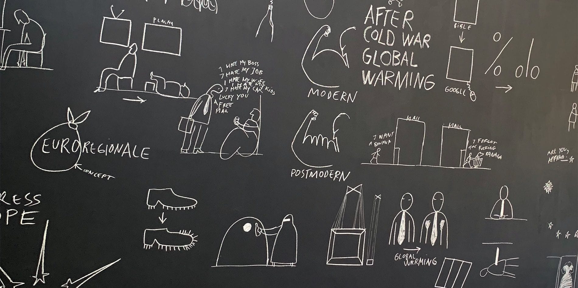 Blackboard wall with chalk illustrations about future